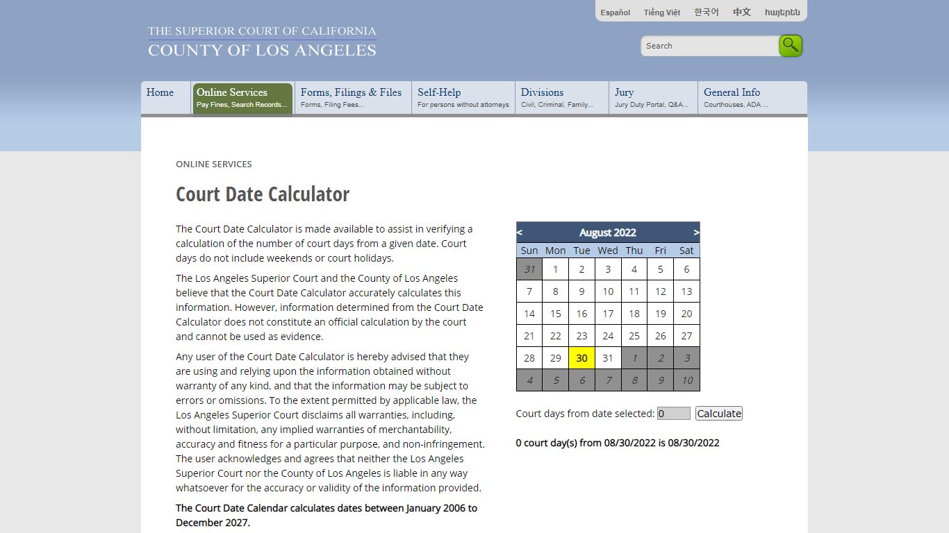 Court Date Calculator - Online Services - LA Court